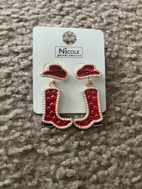 Nicole Red Cowboy Boot & Hat Drop Earrings with Pearl Trim